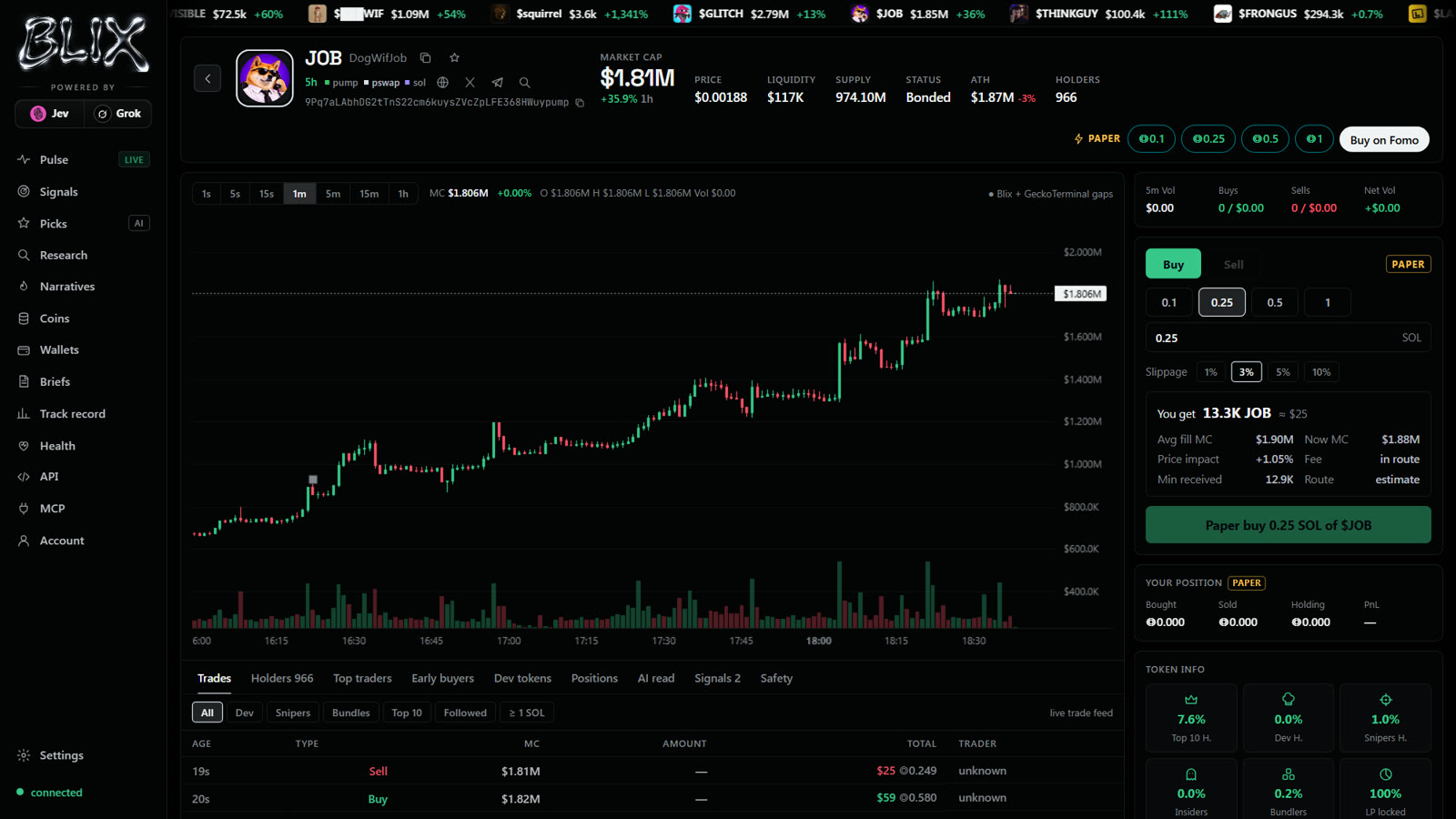 The BLIX terminal: live candles, buy and sell panel with price impact, position and token safety stats
